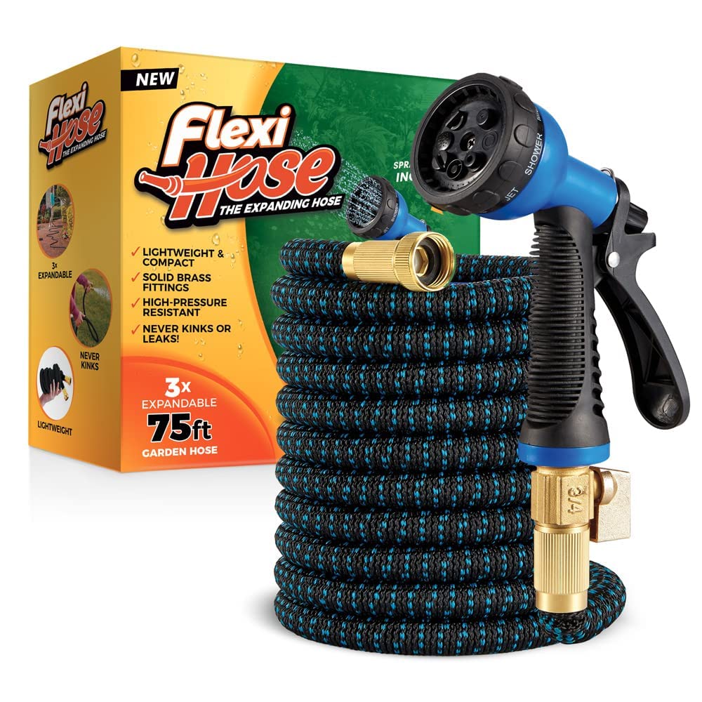 Flexi Hose Upgraded Expandable Garden Hose Pipe Including 8 Function Spray Gun Nozzle - Extra Strength with 2 cm Solid Brass Fittings - No-Kink Flexible Garden Hoses (Orange/Black 15 Metres)