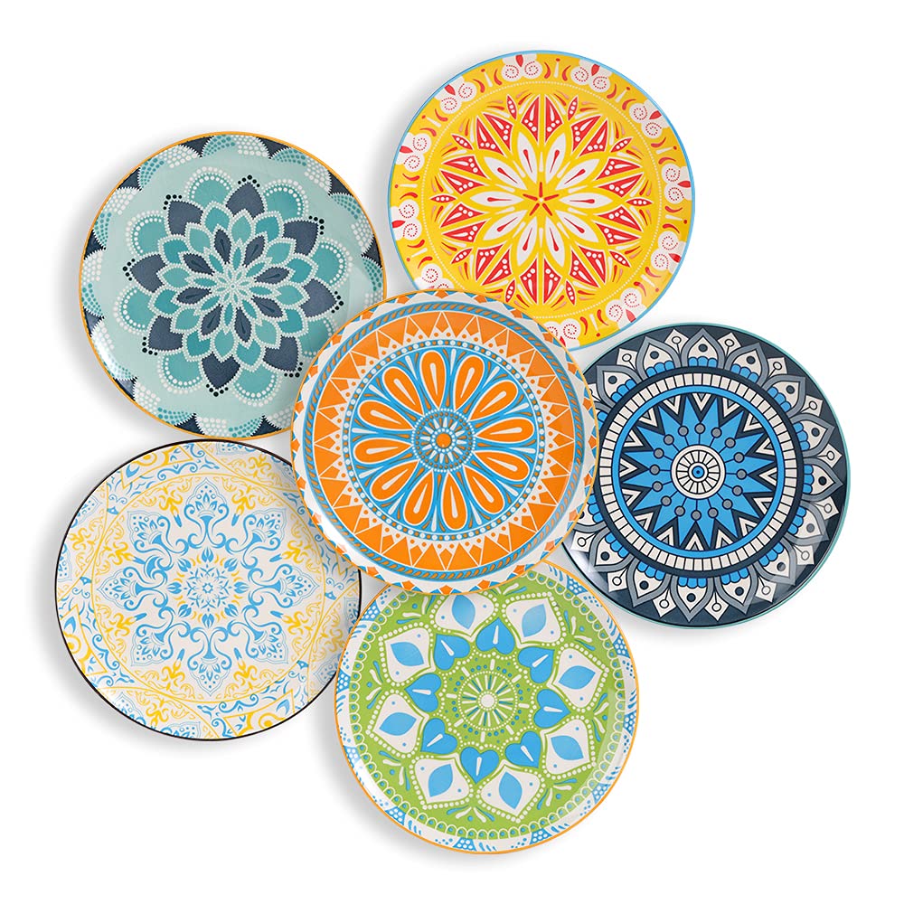AHX Dinner Plates - Porcelain Dessert Plate - Set of 6 Multi-Coloured Salad Plates | Fruit | Appetizers | Breakfast - 8"
