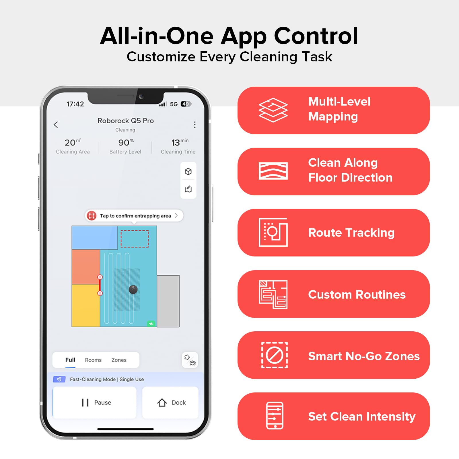 roborock Q5 Pro+ Robot Vacuum Cleaner with Mop, Self Emptying, 5500Pa, DuoRoller Brush, Up to 7 Weeks of Hands Free Cleaning, Precise Navigation, Robot Vacuum and Mop, Ideal for Hard Floors, Pet Hair