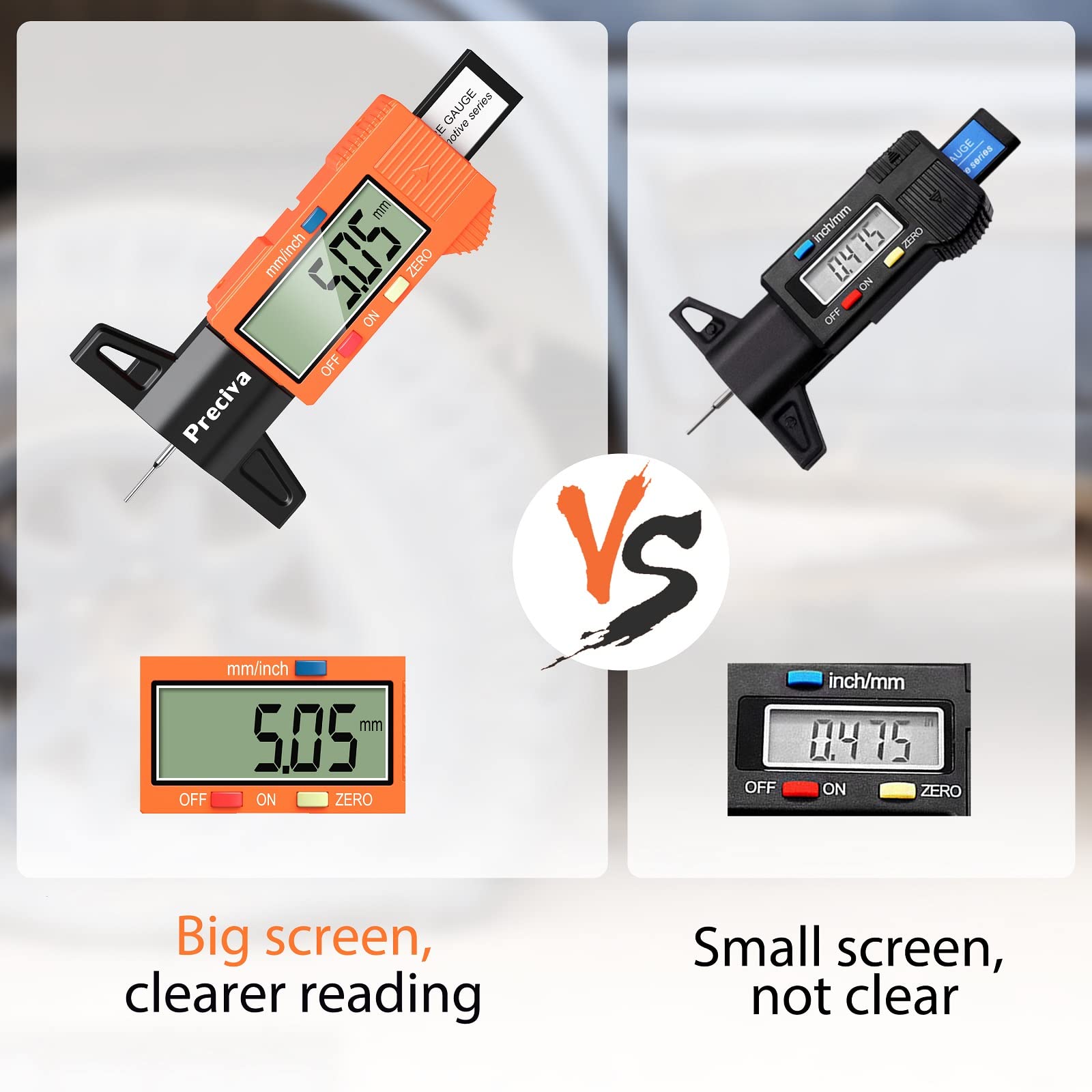 Tyre Tread Depth Gauge, Preciva Silver 0-25.4mm/Inch Digital Tire Checker UK, Tyres Depths Measuring Tool with Large LCD Screen for Cars, Trucks, Vans