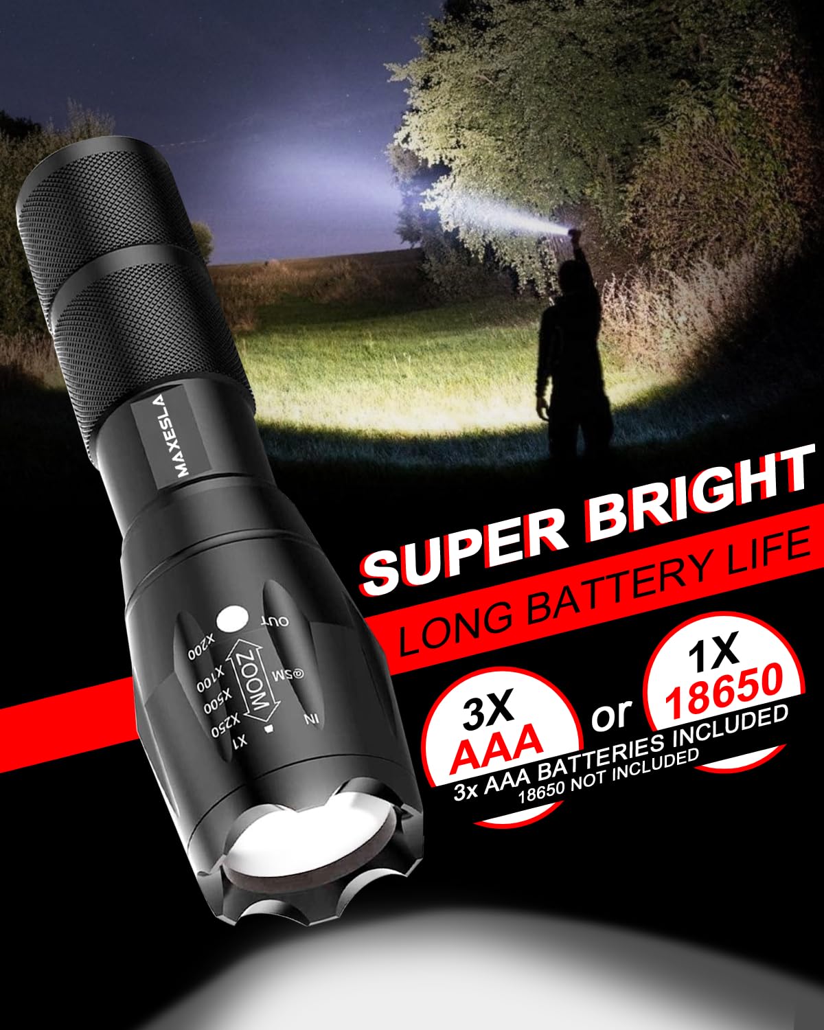 Maxesla LED Torch Battery Powered,Zoomable Torches Led Super Bright,Gifts for Men Dad Kids,Powerful Torches Water,Resistant 5 Modes Small Tactical Torch for Camping Xmas