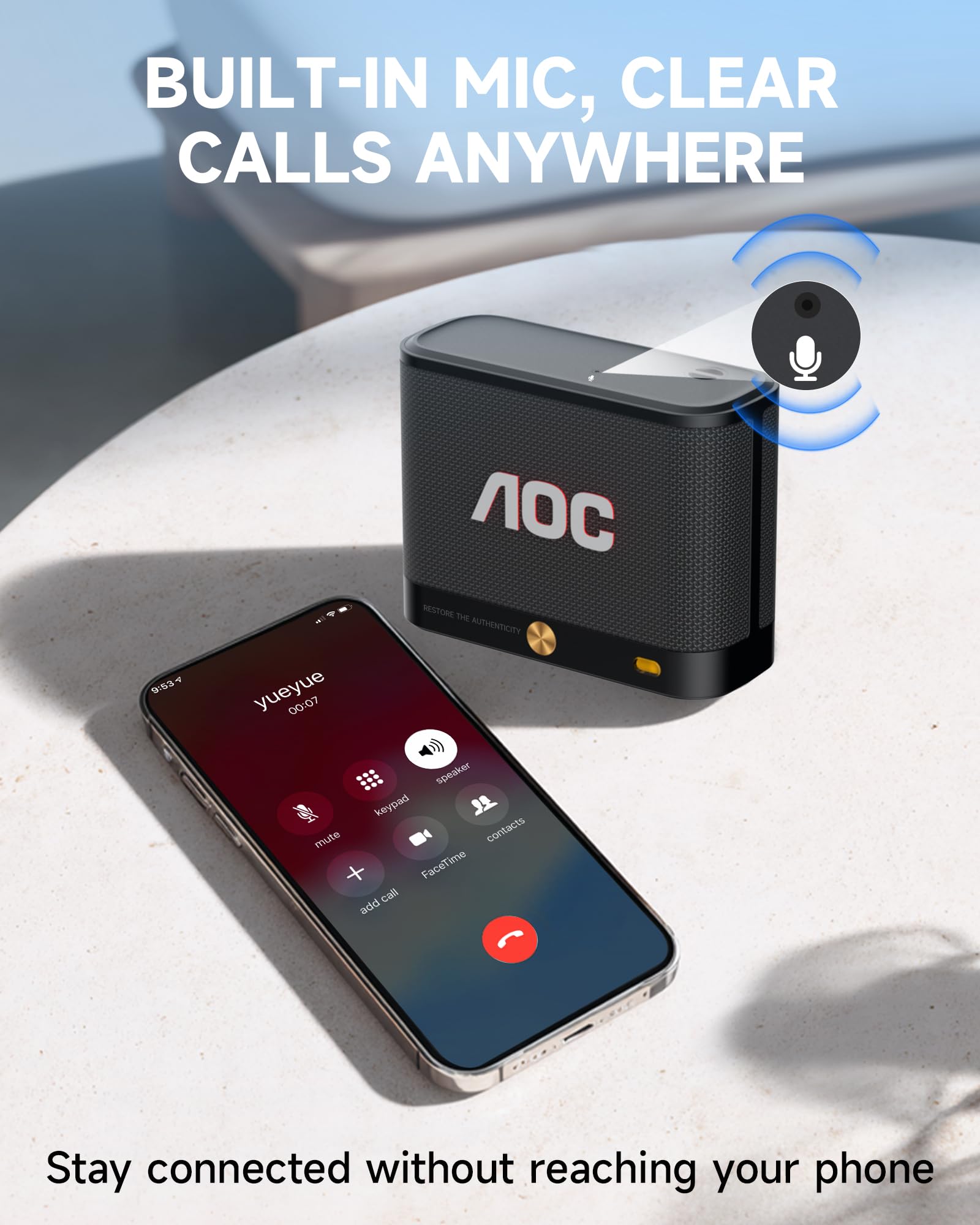 AOC Portable Bluetooth Speaker, BT 5.4, Stereo Sound & BassUp, IP65 Waterproof, 30H Battery, Wireless Pairing, Compact Mini Speaker for Travel & Outdoor – Black