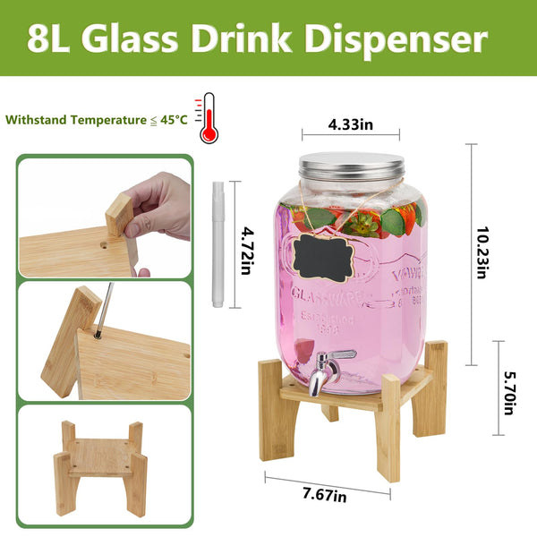 8L Glass Drink Dispenser with Stainless Tap, Glass Beverage Dispenser for Parties, Beverage Dispenser with Faucet and Bamboo Stand, Water Jug with Tap