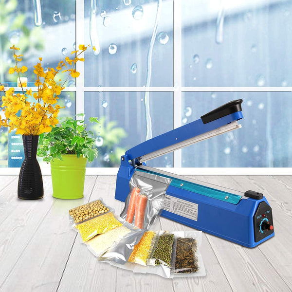 Heat Sealer, Impulse Plastic Bag Sealer, Manual Seal Food Packing Machine, Heat Sealing Applicable with Replacement Kit, Metal/ABS 350W (Blue, 8")