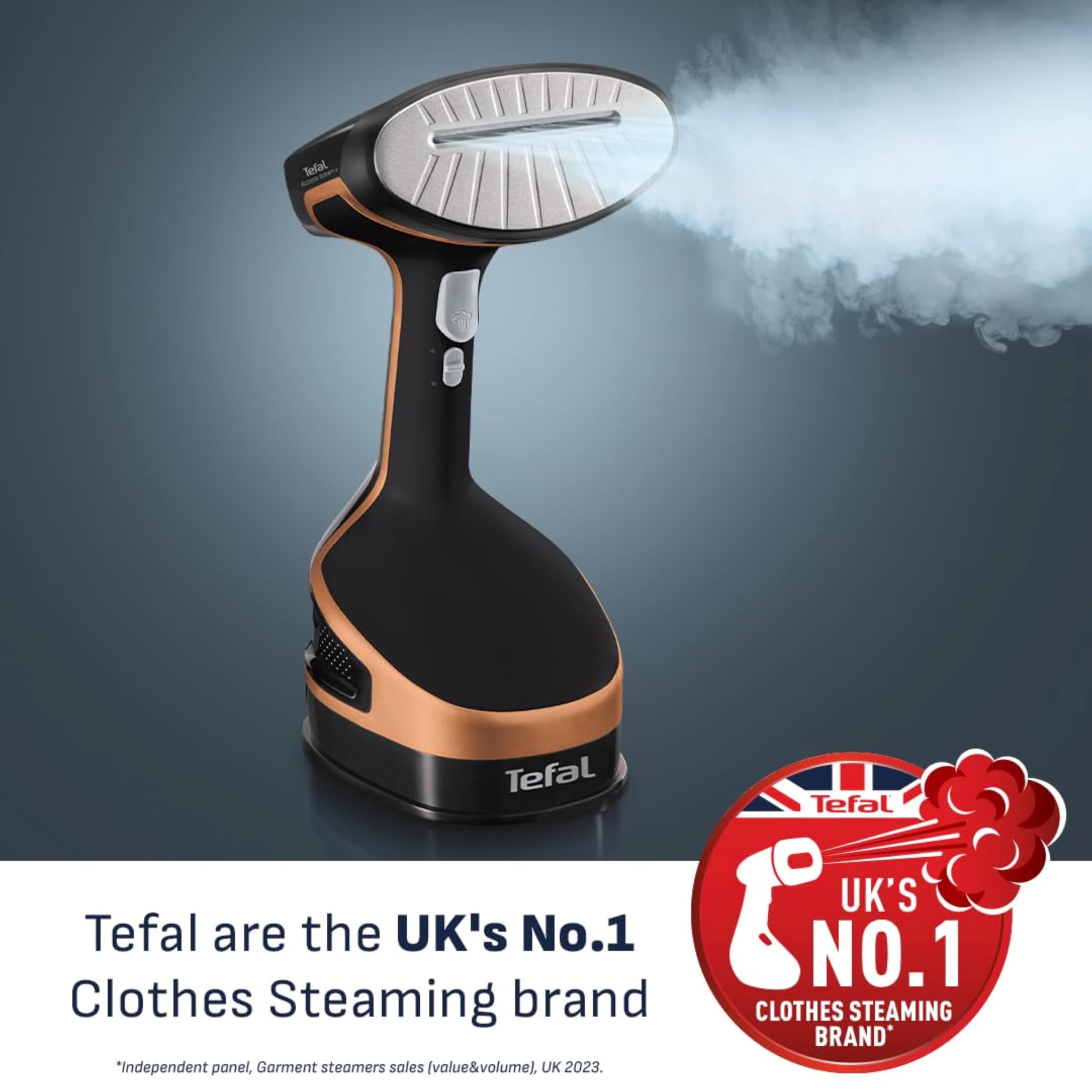 Tefal Access Steam+ Handheld Clothes Steamer, 1600W, 26 g/min Steam, No Ironing Board Needed, 2 Steam Levels, Sanitising Steam, Black & Rose Gold, DT8103