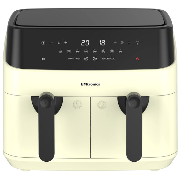 EMtronics EMAFDD9LCR Dual Air Fryer Extra Large Family Size Double XL 9 Litre with 8 Adjustable Pre-Set Menus for Oil Free & Low Fat Healthy Cooking,