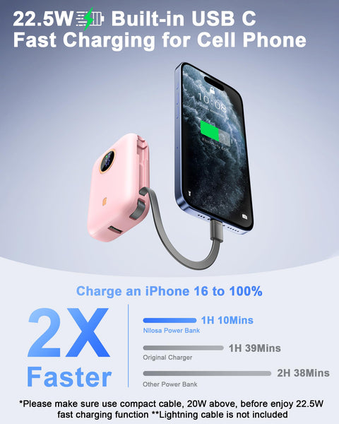 Power Bank Fast Charging 10000 mAh, 22.5W PD QC3.0 High-Speed Portable Charger, PowerBank With Built In Cable USB C, Pocket-Sized Battery Pack for iPhone 16/15, Samsung S23/S24 and More (Jet Black)