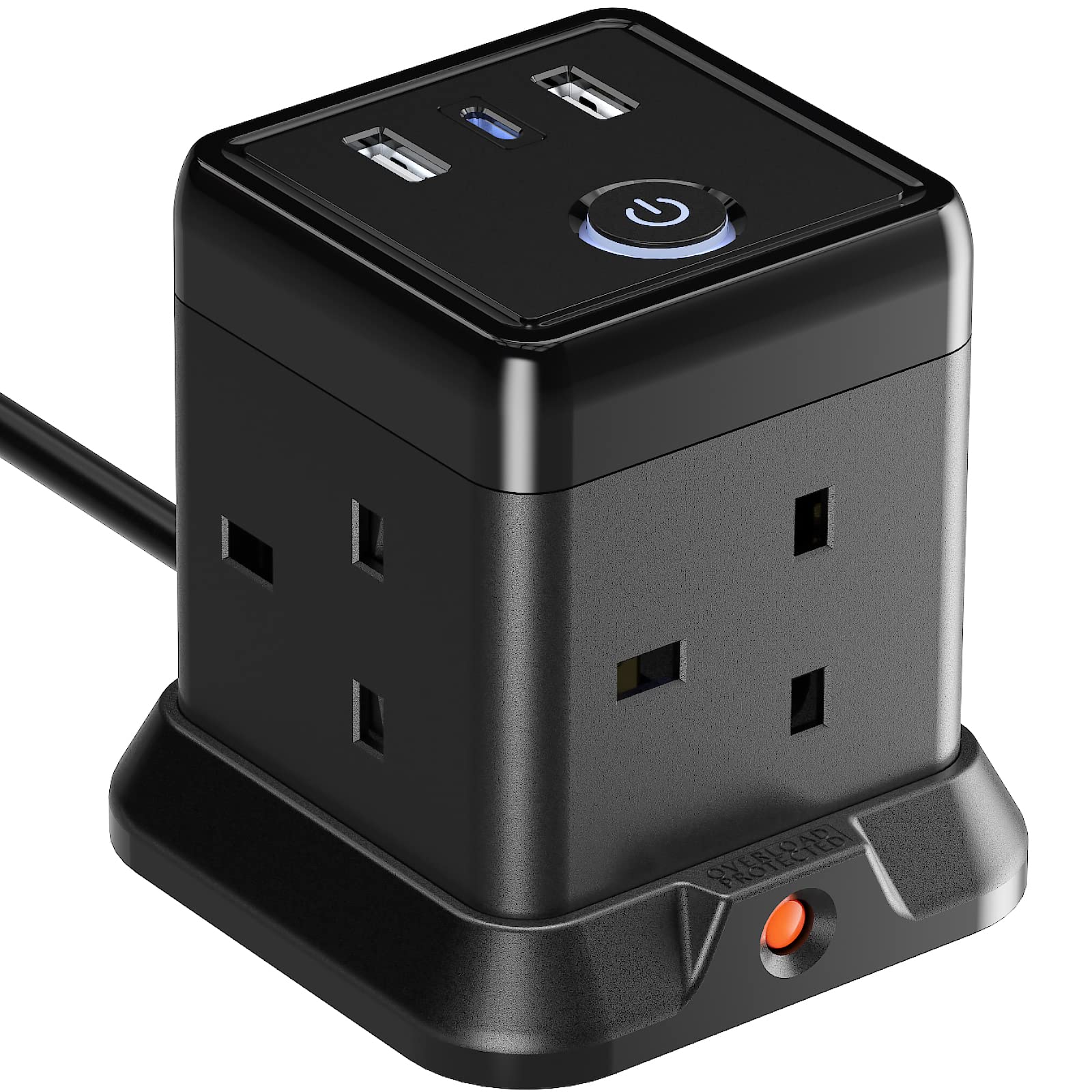 Hulker 3M Cube Extension Lead with 3 Slots 4 Gang Plug Socket with Switch 4 Way Power Strip with 3 USB Port 3 Metre Extension Cable Black 13A 3250W for Home Dorm Office