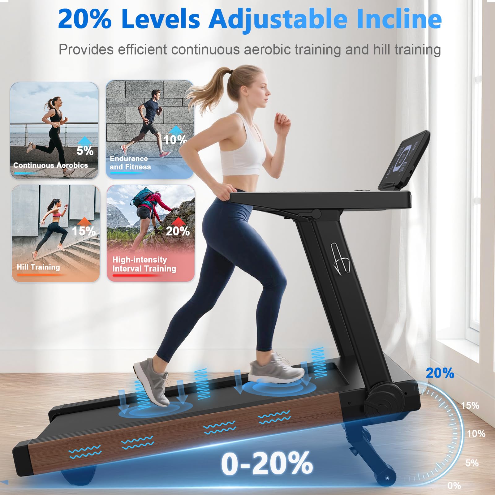 Treadmills for Home, Folding Treadmill with 20% Auto Incline, 20KM/H, 7HP, 180KG Capacity, Running Treadmill for Heavy People with LED Display, Speed Knob, Bluetooth Speakers