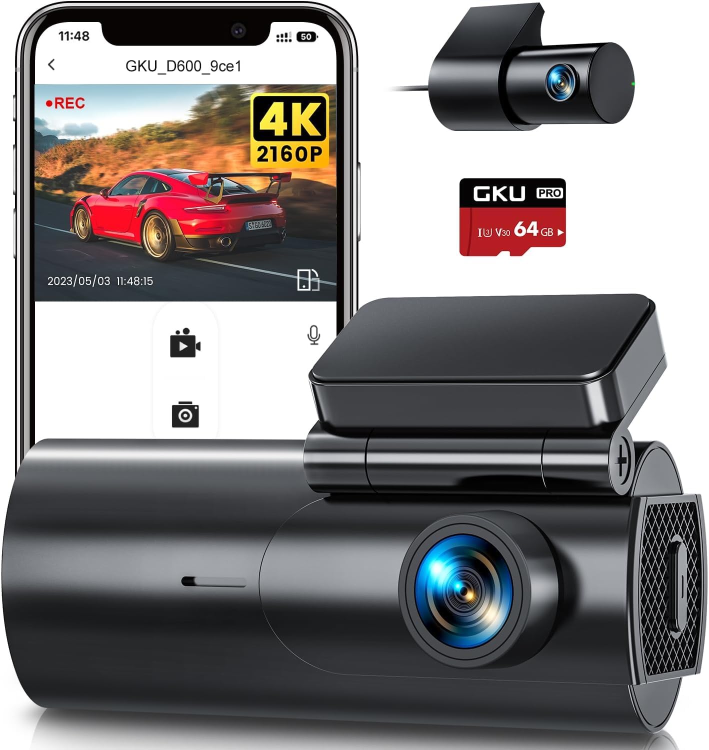 4K Dash Cam Front and Rear, 5GHz WiFi Dashcam with 64GB SD Card, Dual Car Camera Dash Cam with Parking Monitor, Night Vision, WDR, 170° Wide Angle, G-Sensor, Loop Recording, APP Control, Max 256GB