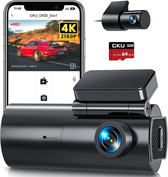 4K Dash Cam Front and Rear, 5GHz WiFi Dashcam with 64GB SD Card, Dual Car Camera Dash Cam with Parking Monitor, Night Vision, WDR, 170° Wide Angle, G-Sensor, Loop Recording, APP Control, Max 256GB