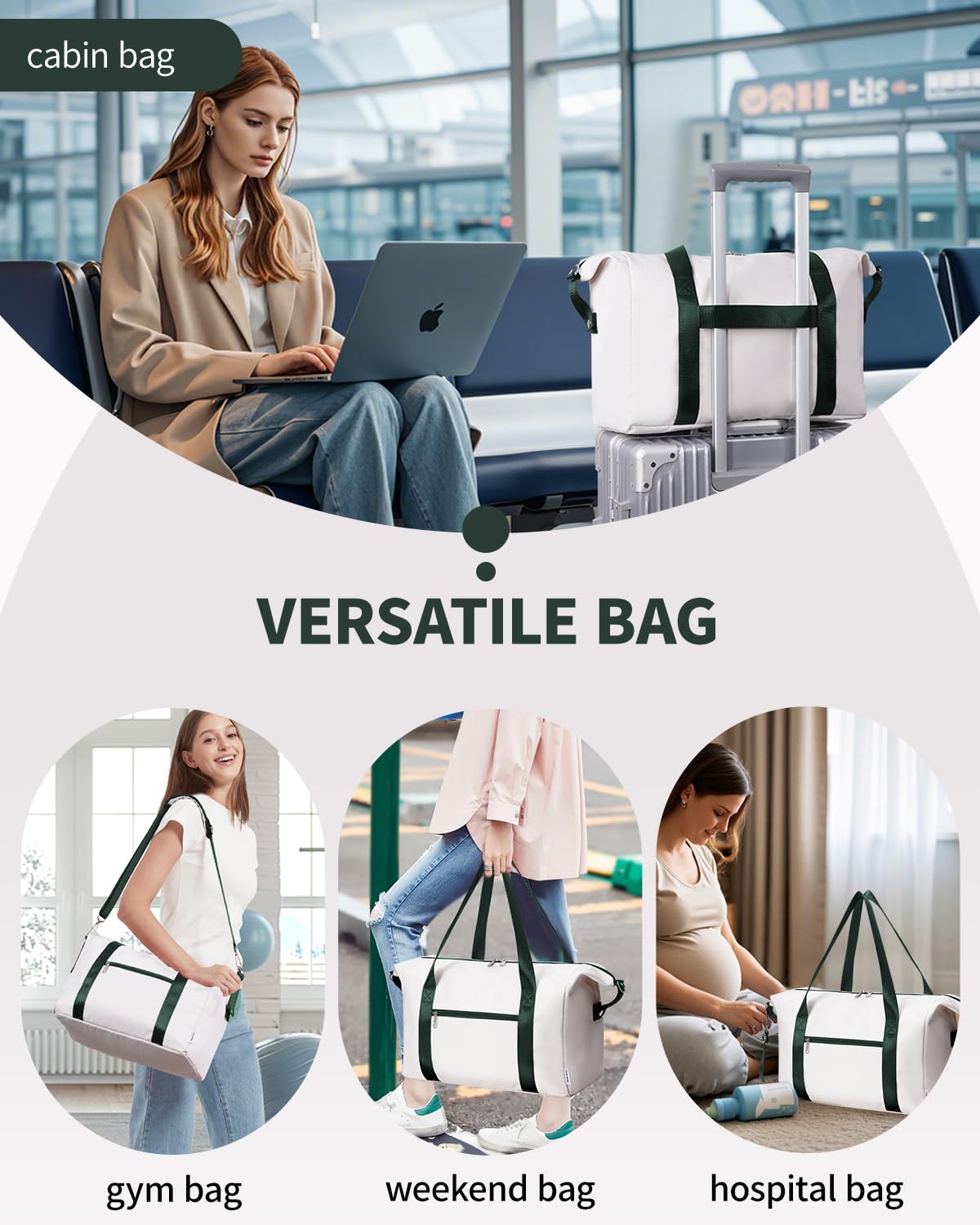 Narwey for Ryanair Cabin Bag 40x20x25 Underseat Ryan Air Bag Foladble Travel Duffel Hospital Carry on Hand Luggage Holdall Weekend Overnight Bag for Women and Men 20L (Beige with Green Straps)