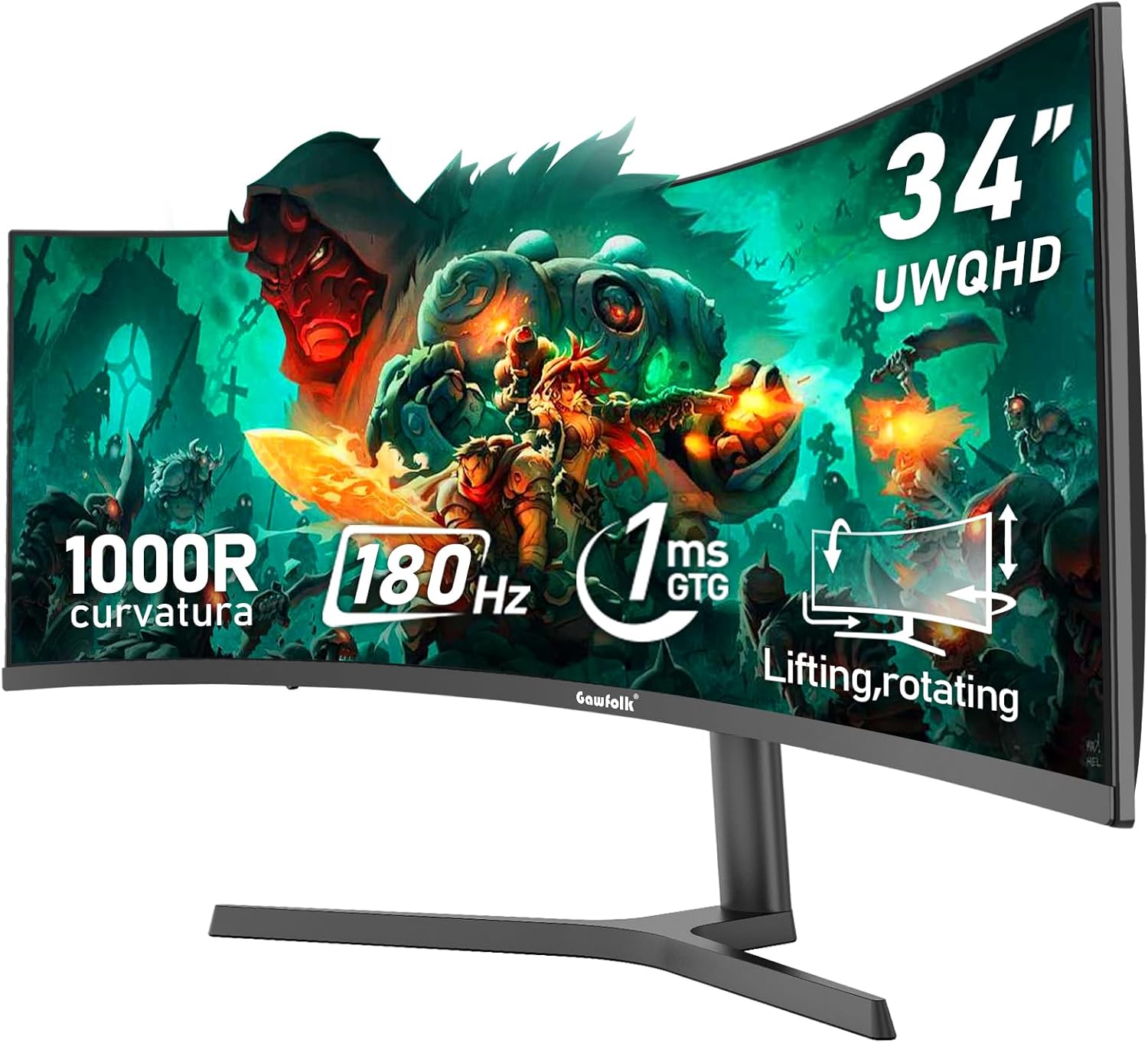 Gawfolk 34 Inch Ultrawide Curved 144Hz Gaming Computer Monitor 1500R PC Screen 21:9 UWQHD (3440x1440),Adaptive Sync,178° Viewing Angle,Display Port、HDMI 2.0, VESA75x75MM-Black