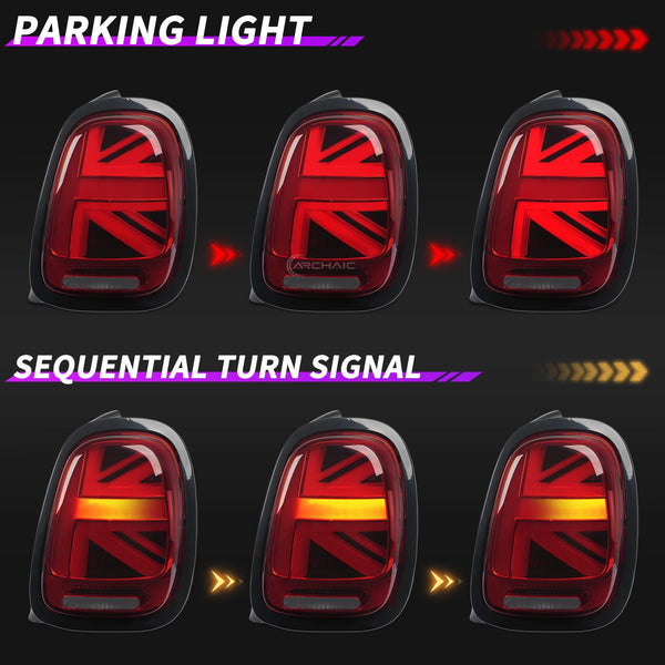 Archaic Union Jack Rear Lights for Mini Cooper One F55 F56 F57 2014-2021, with Sequential Turn Signal Light, Plug&Play, Pair