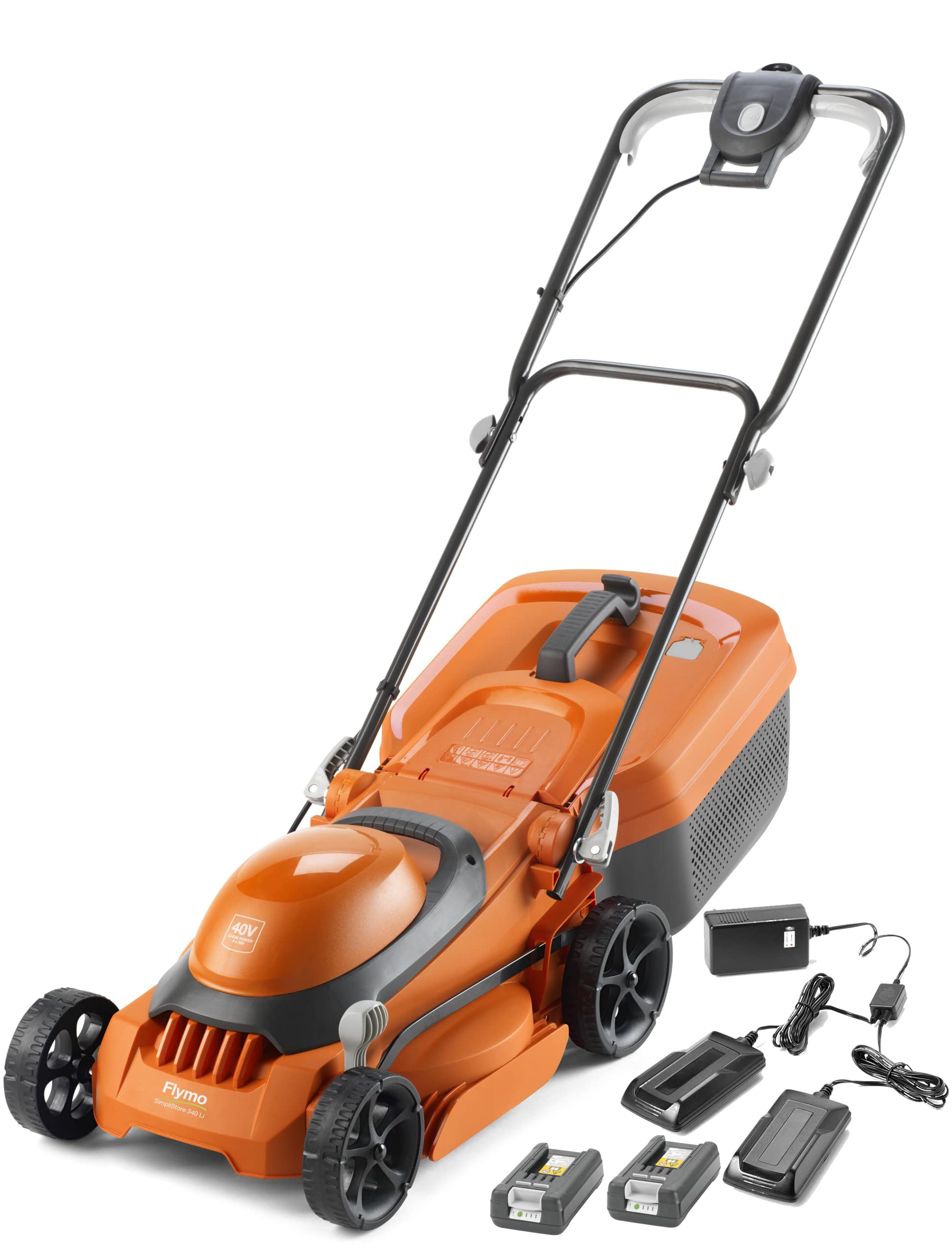 Flymo SimpliStore 300 Li Cordless Lawn Mower - 40V, 30cm Cutting Width, Close Edge Cutting, 30L, Lightweight, Orange and Grey