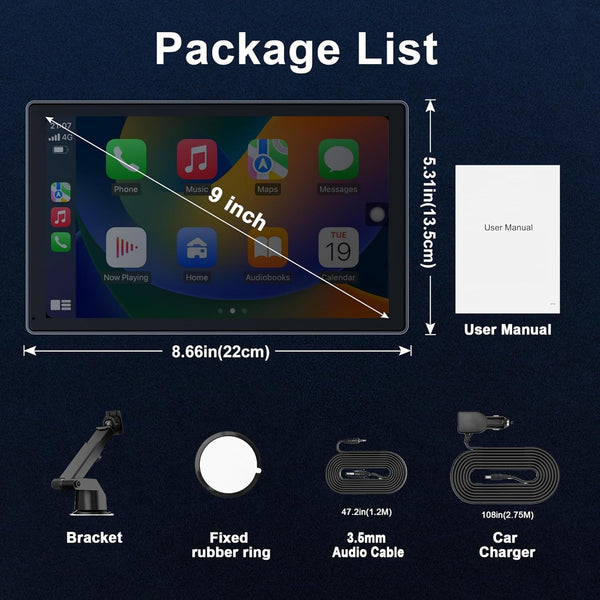 Car Stereo,9 Inch CarPlay Screen for Apple Car play & Android Auto,Portable Car Player Wireless Car Play Screen with Voice Control, Suitable for Most Vehicles (9 Inch +Camera)