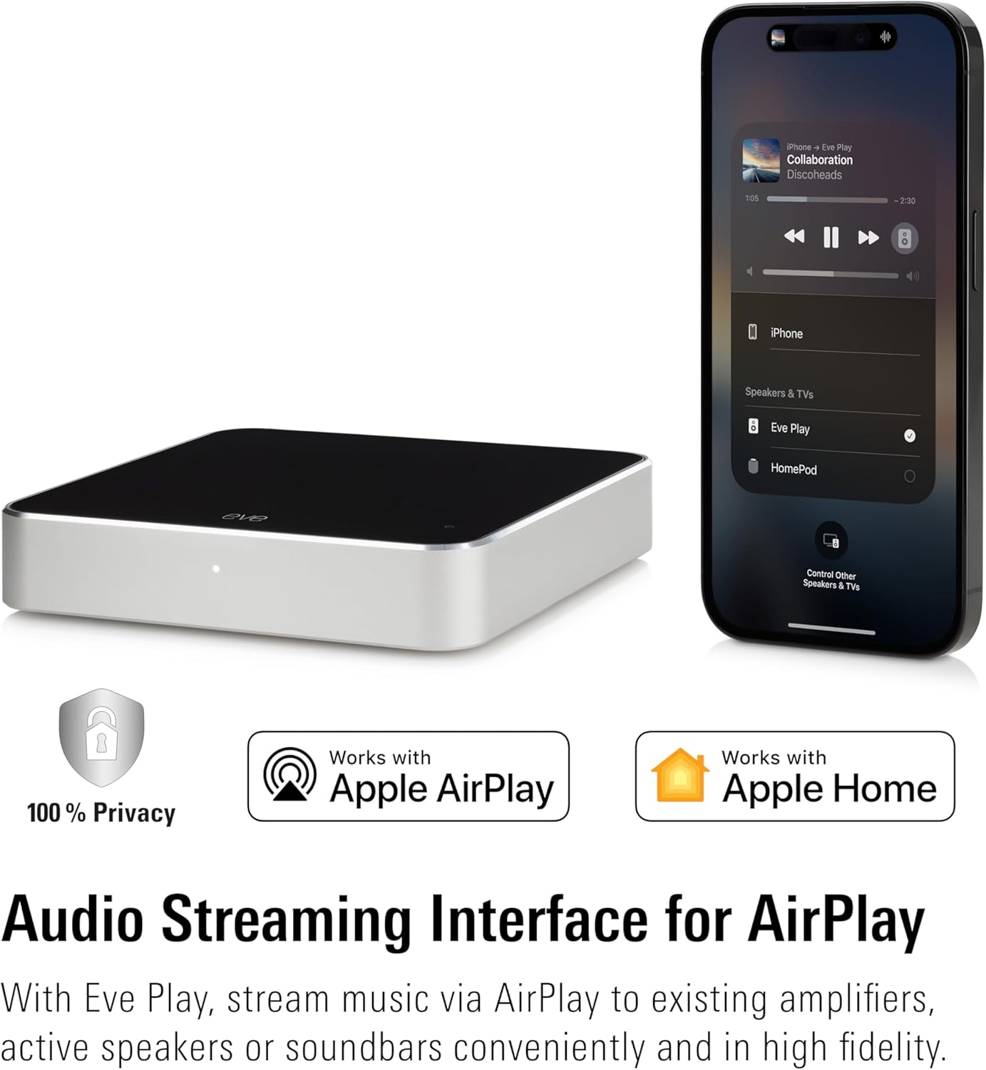 Eve Play (Apple Home) – Audio Streaming Interface for AirPlay, Upgrade to AirPlay audio streaming, Latency compensation, digital-to-analog converter, Three audio outputs, Ethernet, 2.4/5 GHz Wi-Fi