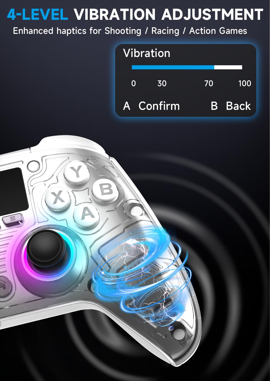 AOC Wireless Gaming Controller for PC/Switch/iOS/Android/PS4, Interactive Screen, Hall Effect Stick & Dual-Mode Trigger, RGB Lighting, Customizable Buttons, Bluetooth/2.4G/Wired (White)