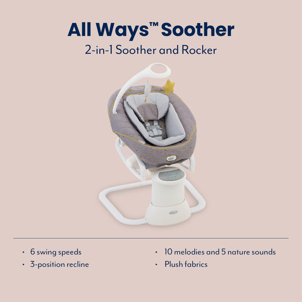 Graco All Ways Soother 2-in-1 Baby Swing and Portable Rocker (Birth to 6 Months Approx, 0-9kg), with Vibration and Adjustable Swing Speed, Stargazer