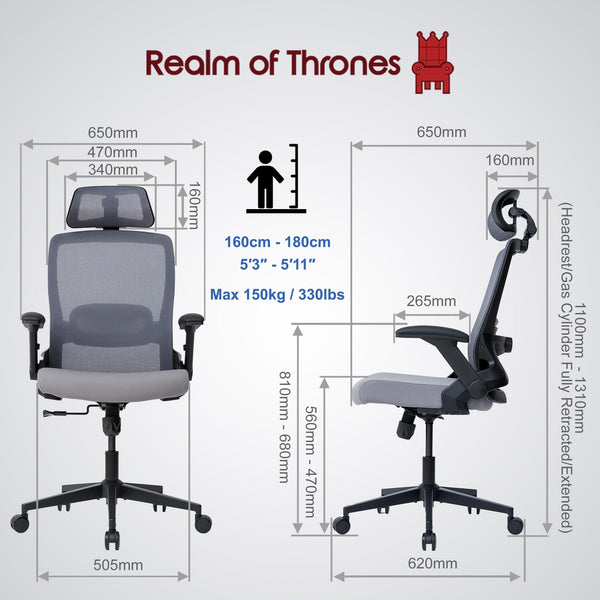 Realm of Thrones CAPTAIN Ergonomic Office Chair for Home, Heavy Duty Steel Base, Versatile Flip-up Armrests, Adjustable Lumbar Support, Mesh Back Comfort Cushion Seat for Computer Desk/Gaming (Black)