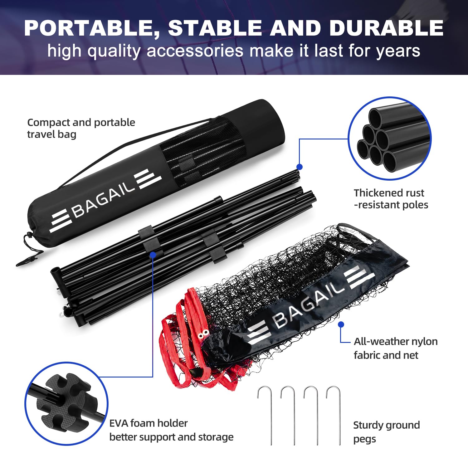 BAGAIL Badminton Net, Foldable Nylon Net, Hieght Adjustable Stand and Portable Carry Bag, Easy to Assemble or Disassemble, Ideal Recreational Sports Net for Tennis, Kids Badminton or Volleyball