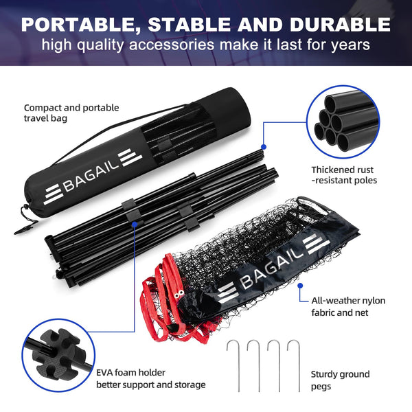 BAGAIL Badminton Net, Foldable Nylon Net, Hieght Adjustable Stand and Portable Carry Bag, Easy to Assemble or Disassemble, Ideal Recreational Sports Net for Tennis, Kids Badminton or Volleyball