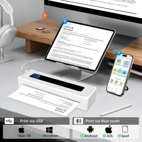 PLACHIDAY Portable Printer Wireless, 300DPI Small Wireless Bluetooth Inkless Thermal Printer A4 Travel Printer Multiple Sizes Thermal Paper Home Use (White)