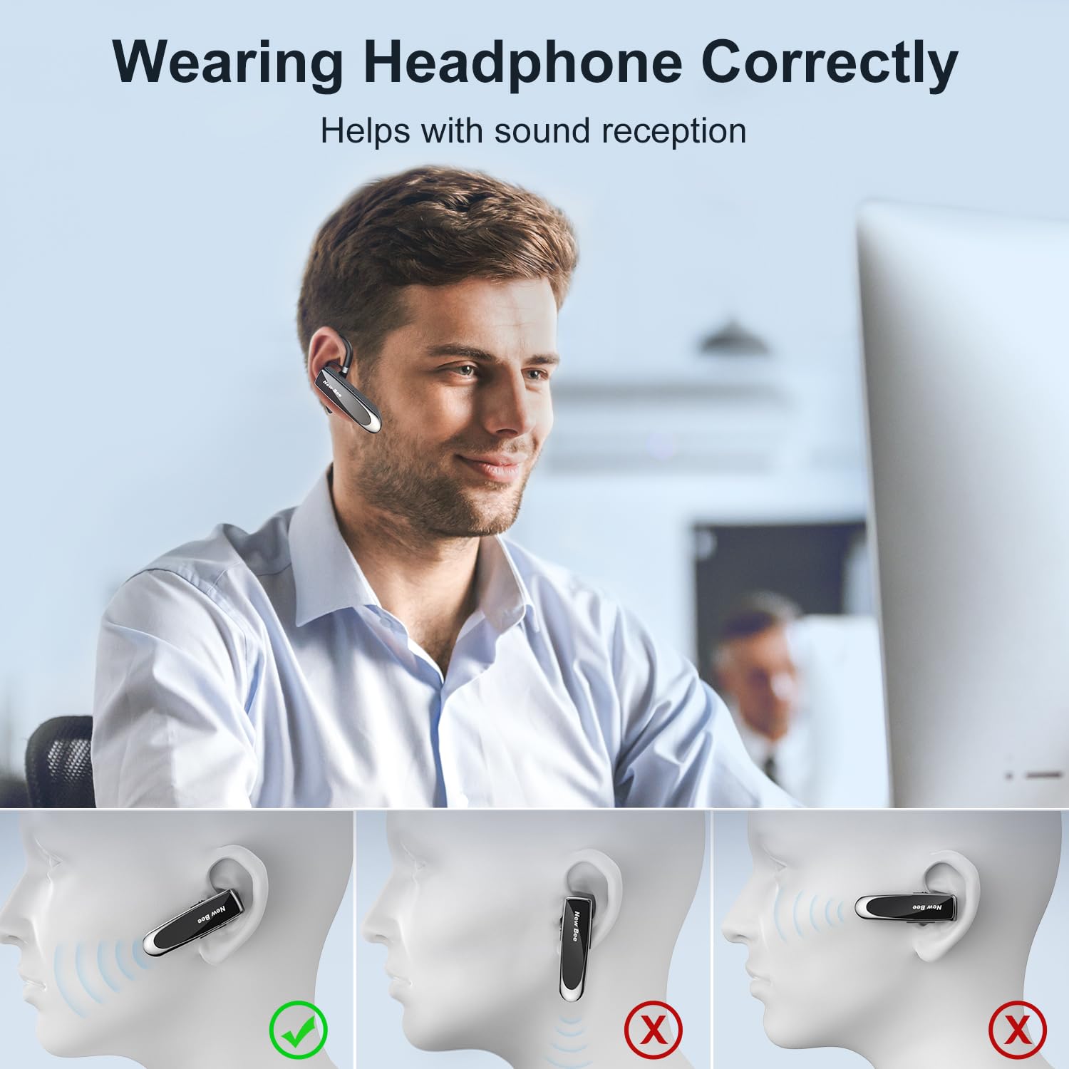 New bee Handsfree Bluetooth Earpiece, Wireless Bluetooth Headset with Microphone 60 Days Standby Headphones with Microphone for iPhone, Samsung, HTC, LG, Sony, PC (Black)