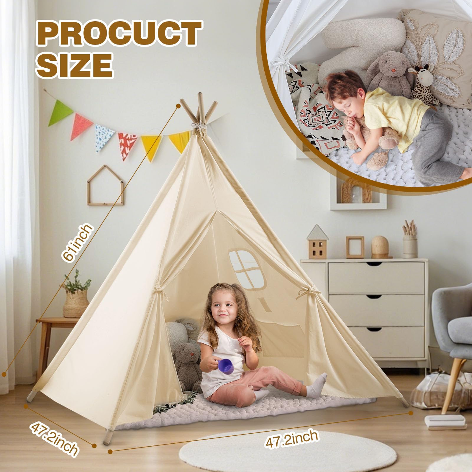 Wilwolfer Teepee Tent for Kids Foldable Children Play Tent for Girl and Boy with Carry Case 4 Poles White Canvas Playhouse Toy for Indoor and Outdoor Games