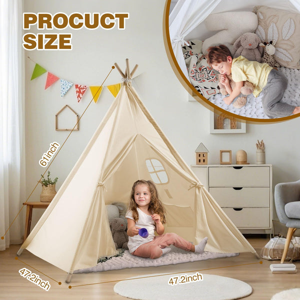 Wilwolfer Teepee Tent for Kids Foldable Children Play Tent for Girl and Boy with Carry Case 4 Poles White Canvas Playhouse Toy for Indoor and Outdoor Games