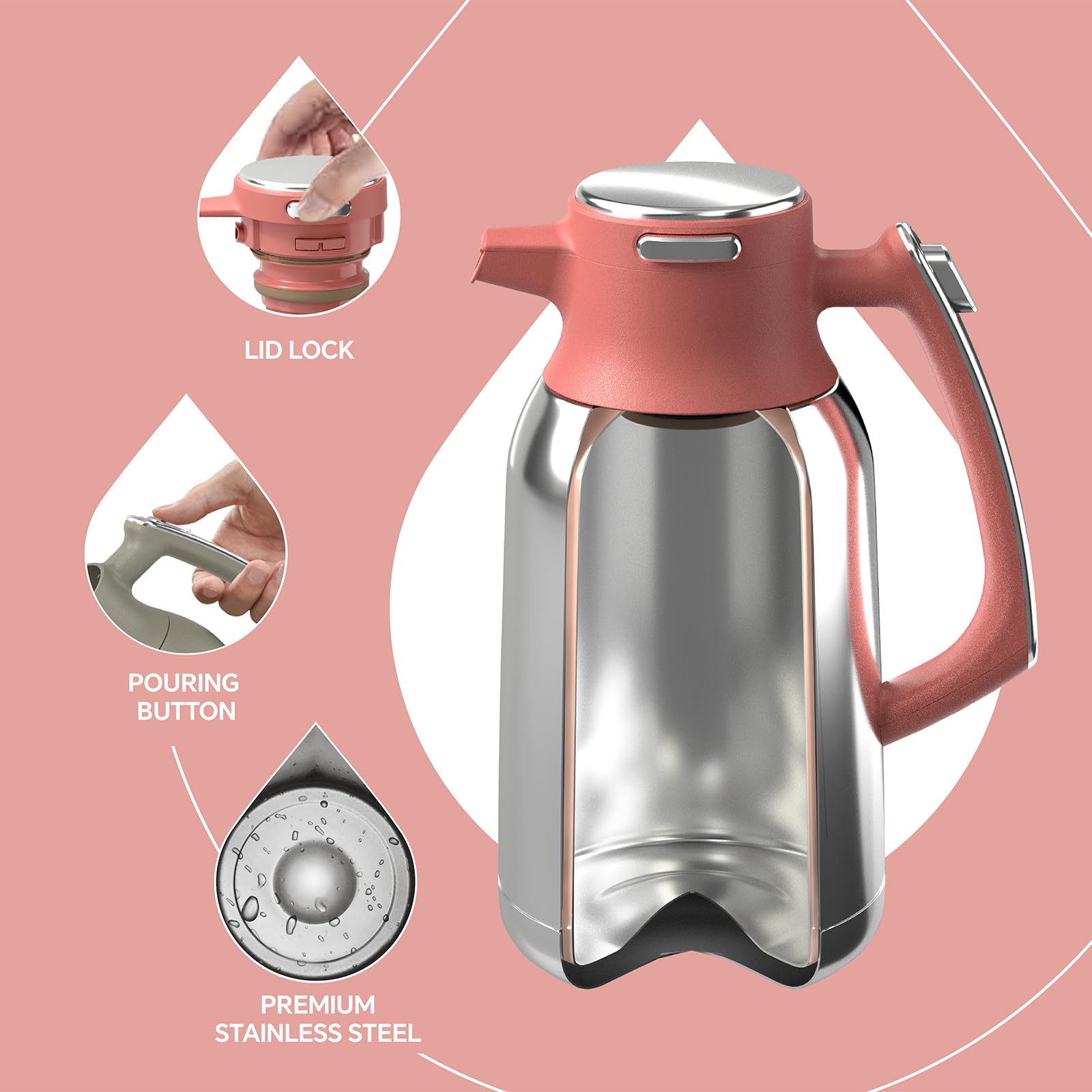 IDEUS Vacuum Insulated Coffee Carafe, 68 oz (2 Liters) Stainless Steel Milk Jug Thermal Tea Pot Hot & Cold Water Beverage Dispenser (Red)