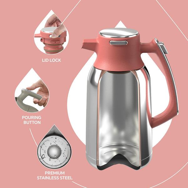 IDEUS Vacuum Insulated Coffee Carafe, 68 oz (2 Liters) Stainless Steel Milk Jug Thermal Tea Pot Hot & Cold Water Beverage Dispenser (Red)