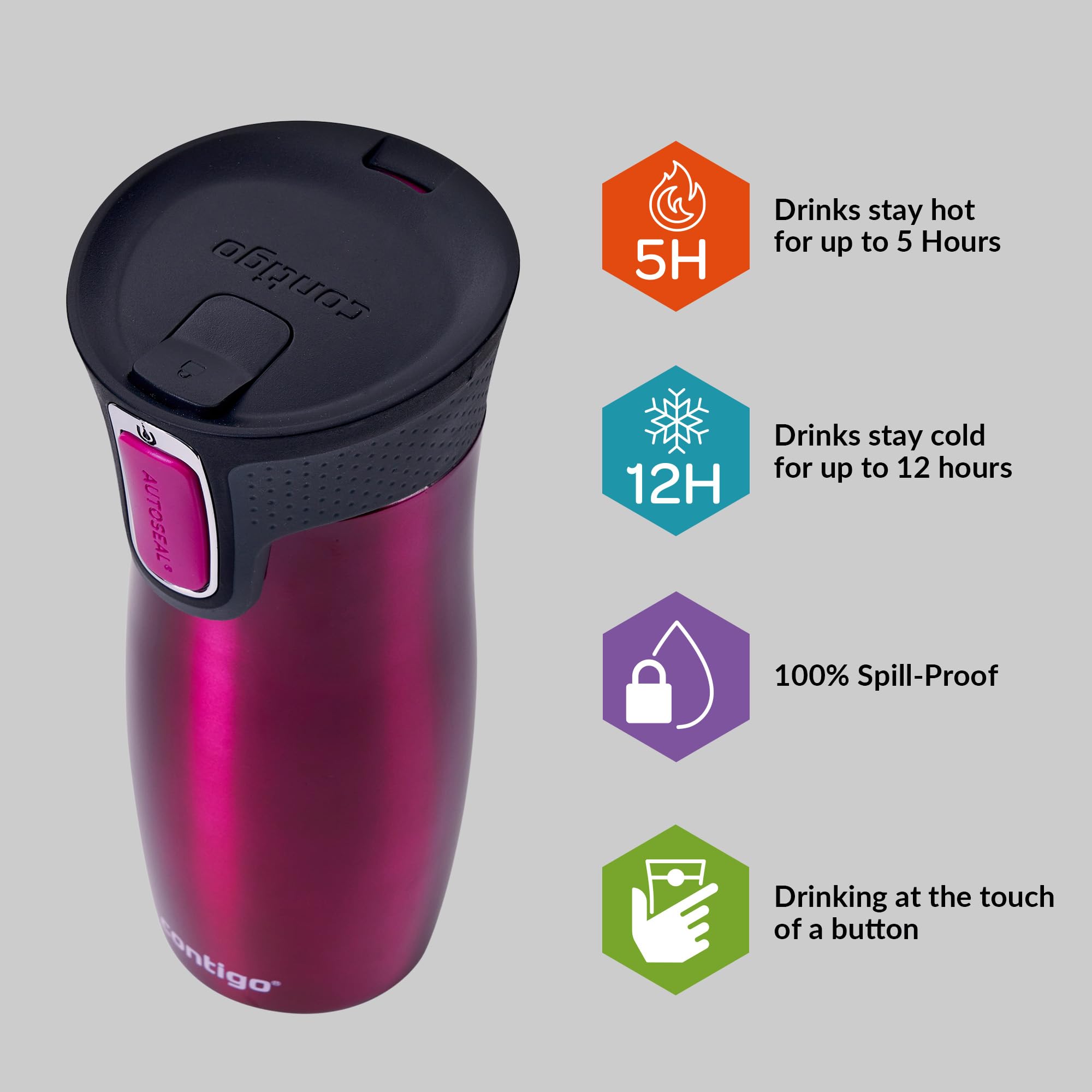 Contigo West Loop Autoseal Travel Mug, Stainless Steel Thermal Mug, Vacuum Flask, Leakproof Tumbler, Coffee Mug with BPA Easy-Clean Lid