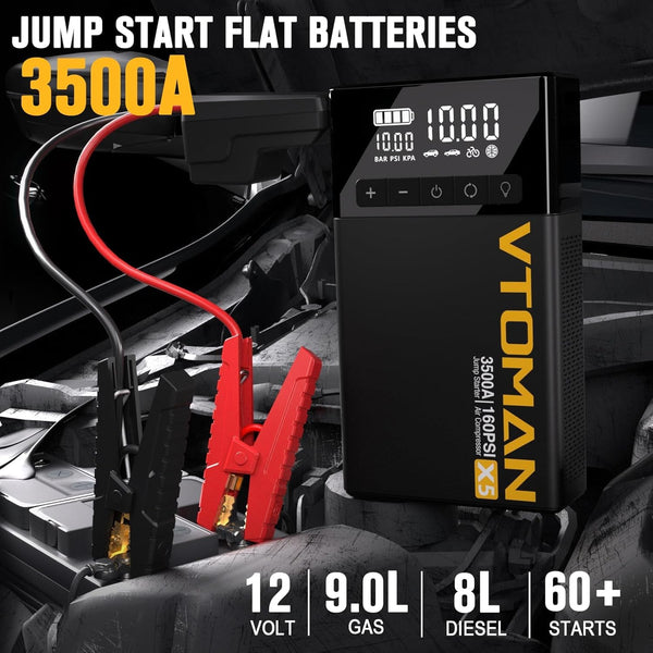 VTOMAN X1 Jump Starter Power pack with Air Compressor 2500A, Portable Car Battery Booster Jump Starter (Up to 8.5L Gas/6.0L Diesel Engines) Jump Pack with 150PSI Digital Tire Inflator