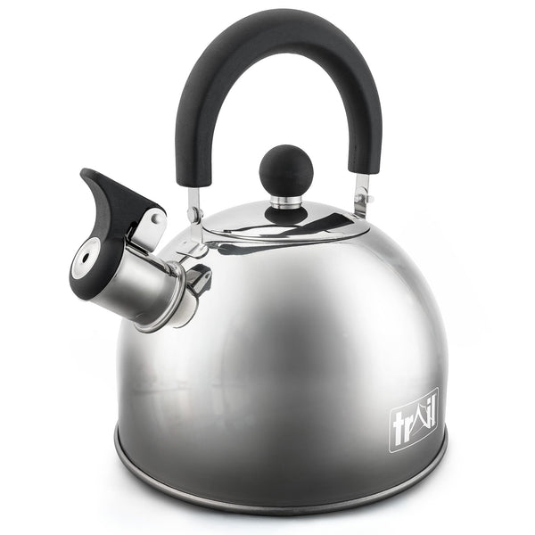 Trail 2L Whistling Camping Kettle, Polished Stainless Steel, Durable & Lightweight, Easy Pour Spout, Folding Heat Resistant Handle, Fast Boil Travel Kettle, Outdoor Fishing Hiking, 15cm x 18cm, 0.42kg