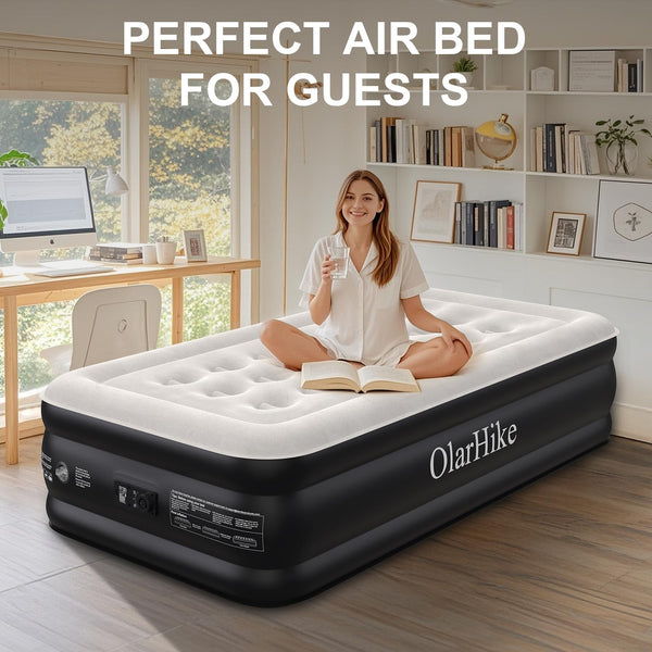 OlarHike Inflatable Mattress, Air Bed Double with Built-in Electric Pump, King Size Blow Up Self Inflating Guest Airbed with Flocked Surface for Camping or Home Use, 190cm L x 140cm W x 46cm H(Black)