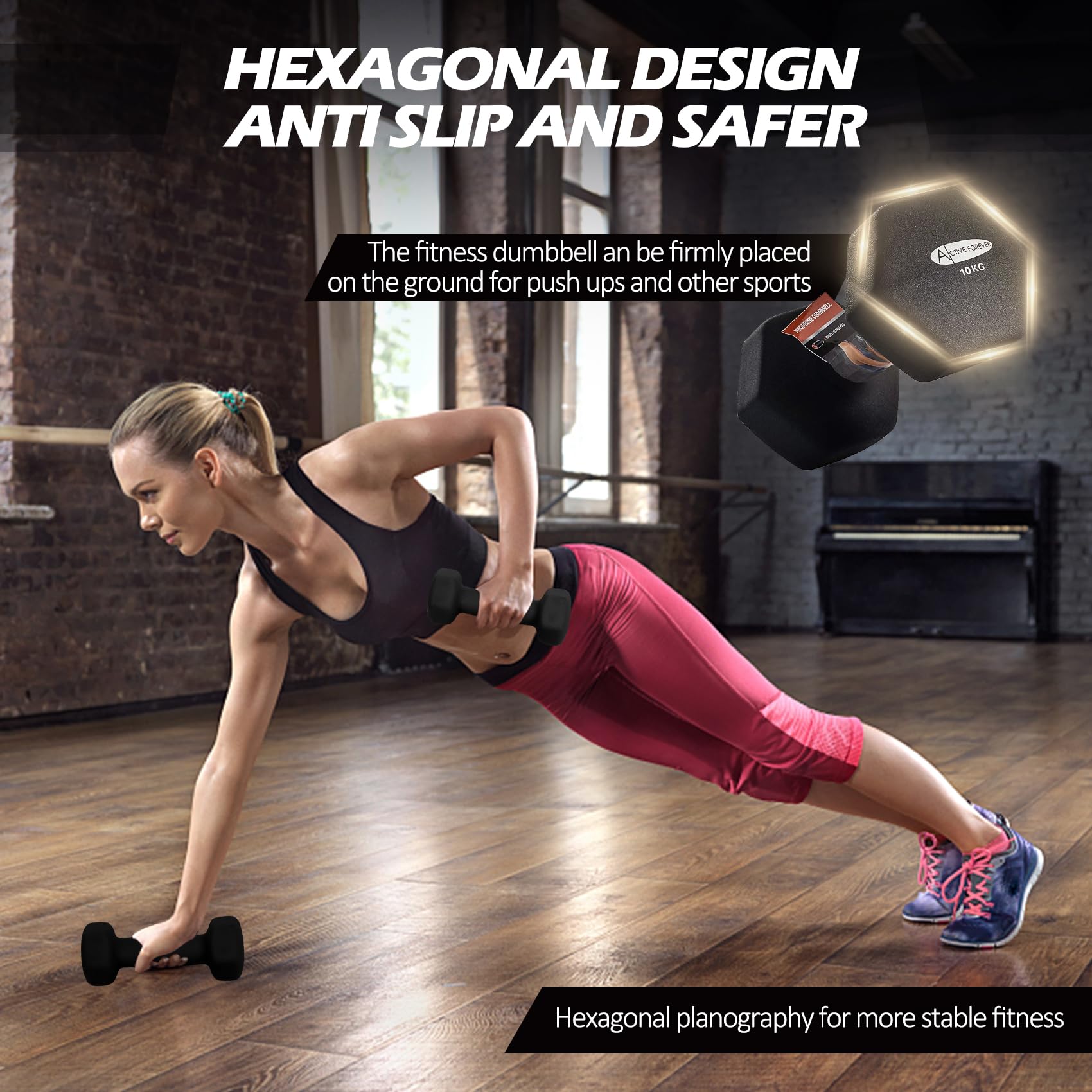 ACTIVE FOREVER Dumbbells 2?10kg, Set of 2, Hex Dumbbells Pair, Neoprene Waterproof Non-slip Dumbells Set (Black)