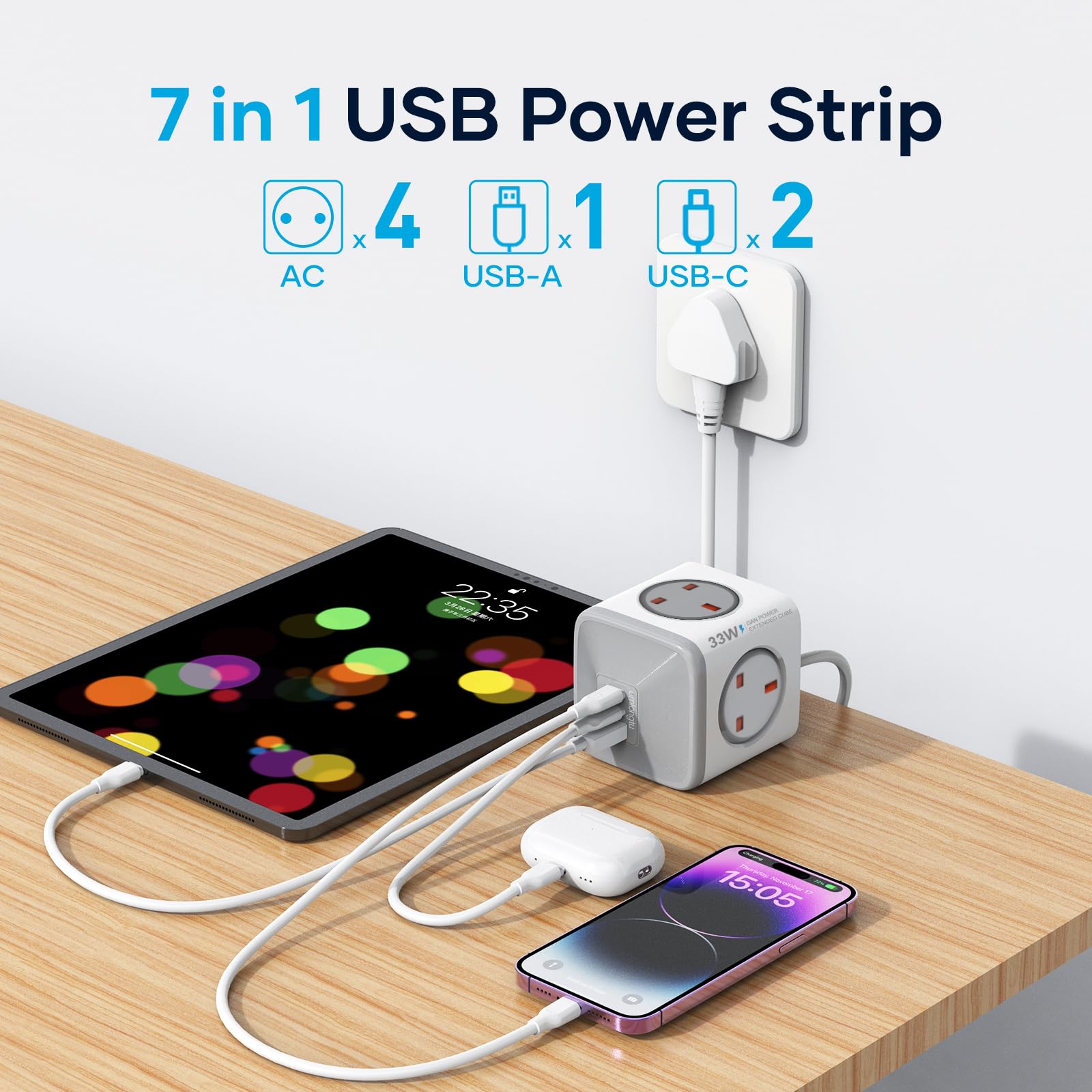 Socket Cube USB C Power Strip with 4 Outlets 3250W and 30W USB C Charging for iPhone 16/15/14, iPad,MacBook, Galaxy, Power Delivery Charging for Game, Dorm Rooms, Home, Office, White