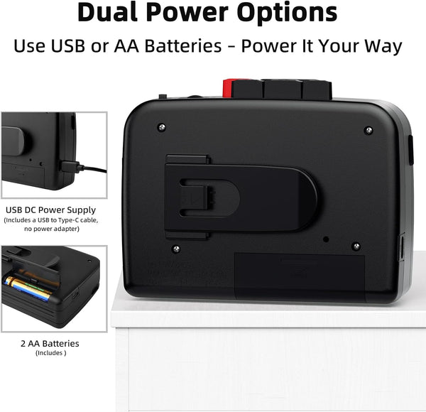 Walkmaner Cassette Player/Recorder, Am/FM Radio, Portable Cassette Player, Cassette Recording, Built-in Speakers, Manual Recording, T201 (Black)