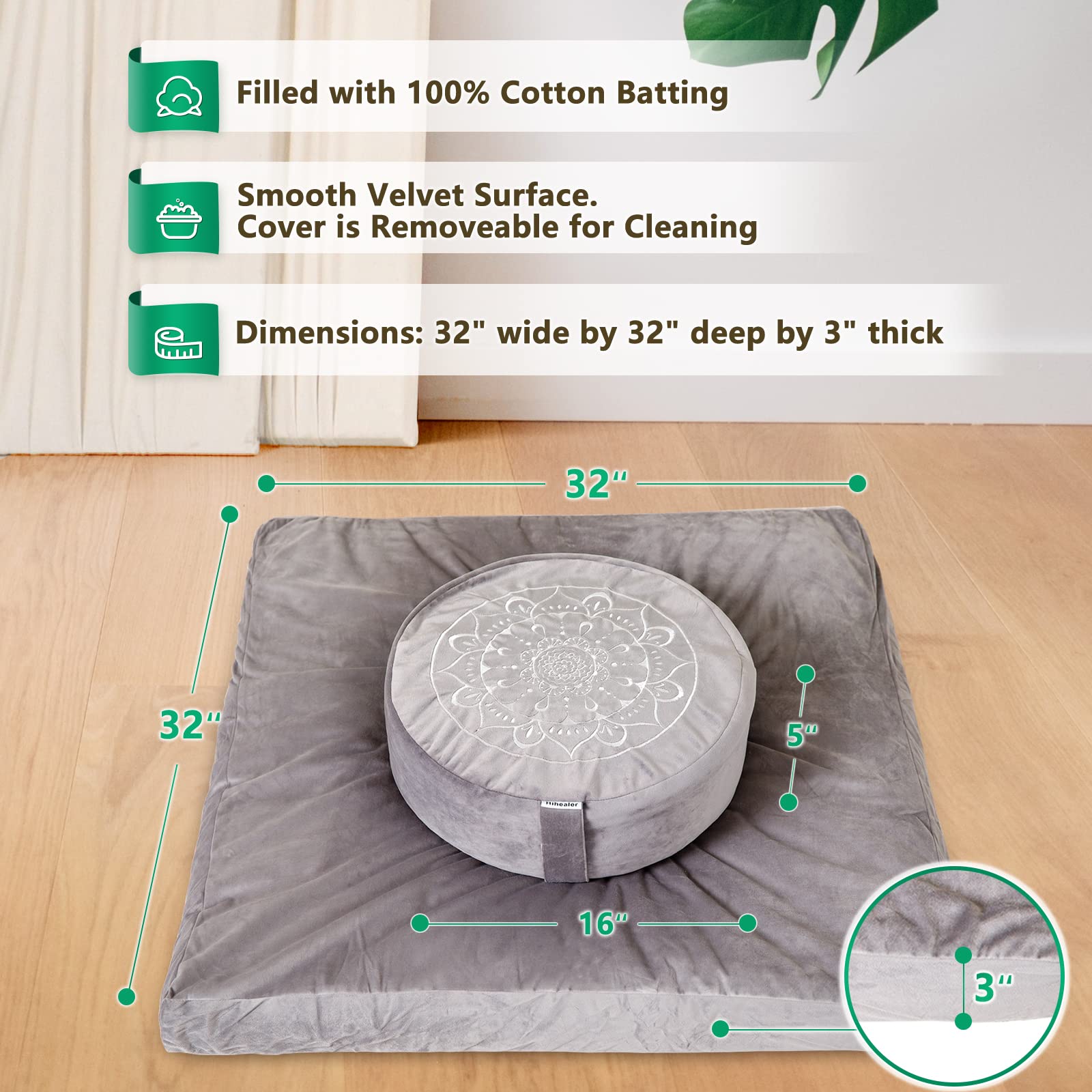 Hihealer Large Meditation Cushion and Zabuton Mat Set Meditation Pillow and Zafu Mat for Men and Women (Green)