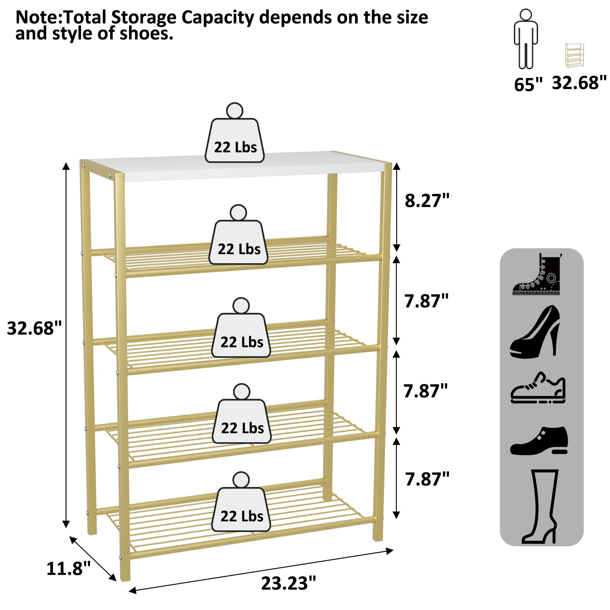 HOME BI 5-Tier Shoe Rack, Metal Shoe Storage Organizer, Modern Shoe Stand, Durable Shoe Shelf for Closet, Hallway, Entryway, Living Room,Gold