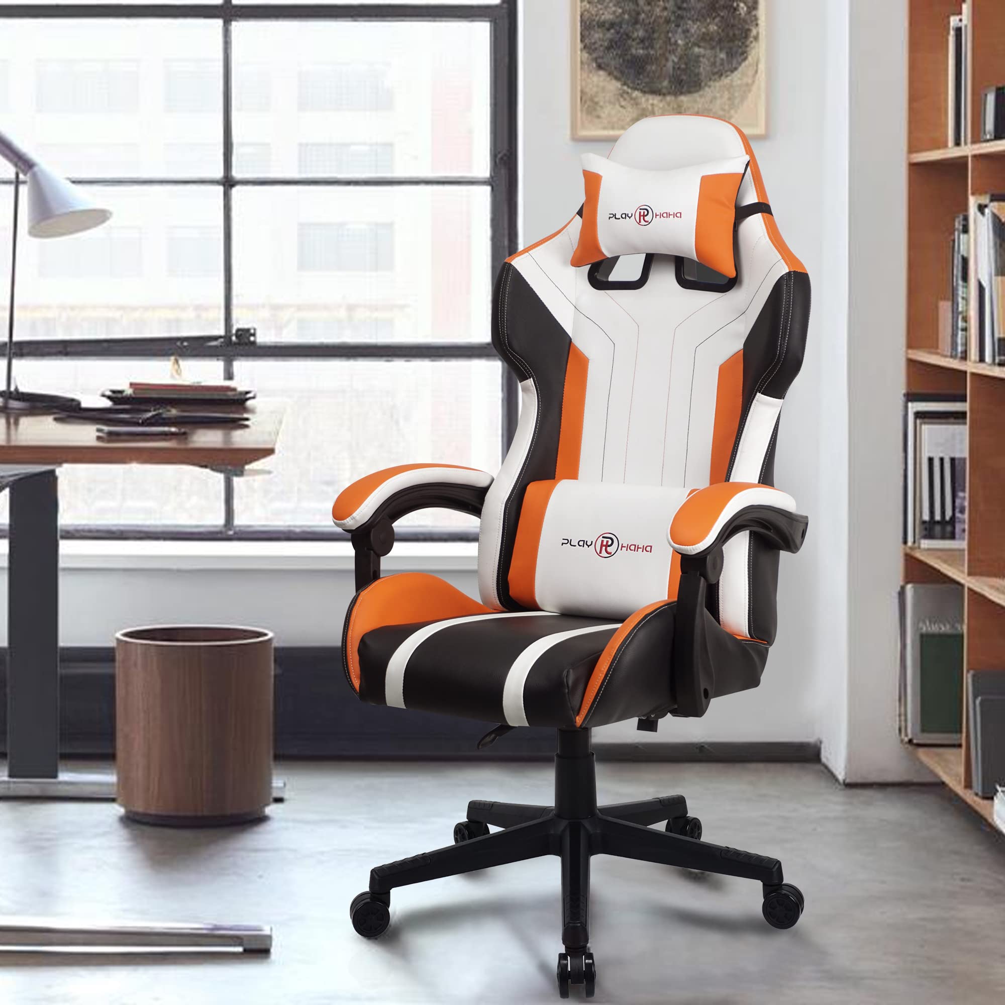 T-THREE.Ergonomic Leather Gaming Chair Height Adjustable with Headrest and Lumbar Support(Orange)