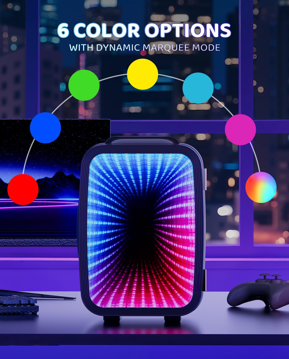 LIGIANT MF01C Mini Fridge, 7 Light Modes Including Flashing Marquee, Quiet Cooling & Warming Function, AC/DC Power, 4 L/6 Cans Capacity, Small Refrigerator for Gaming Room, Bedroom, Office and Car