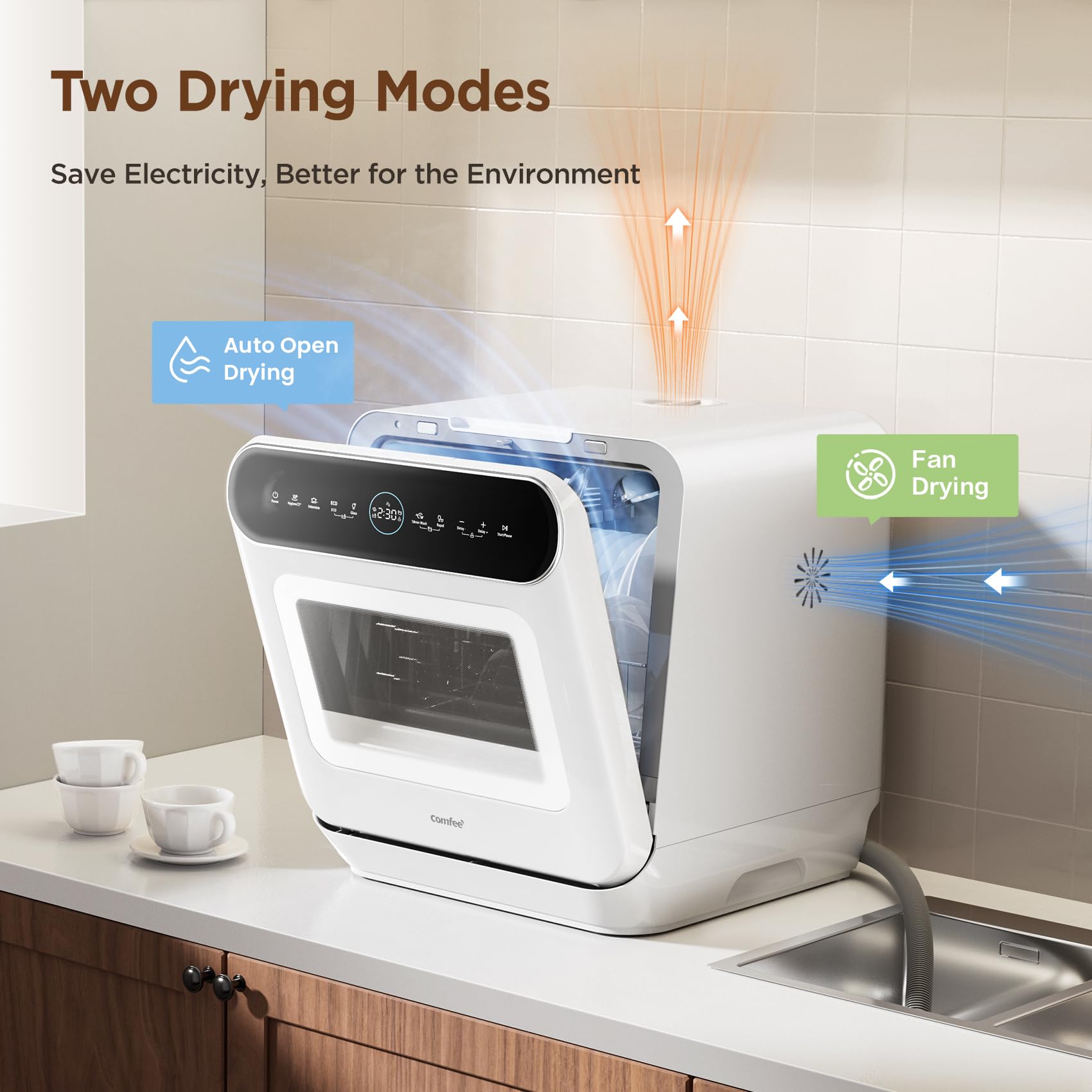 COMFEE' Table Top Dishwasher with 6 Place Settings, Mini Countertop Dishwasher for Small Families, Couples, LED display, Delay Start, 47dB Quiet Noise, White