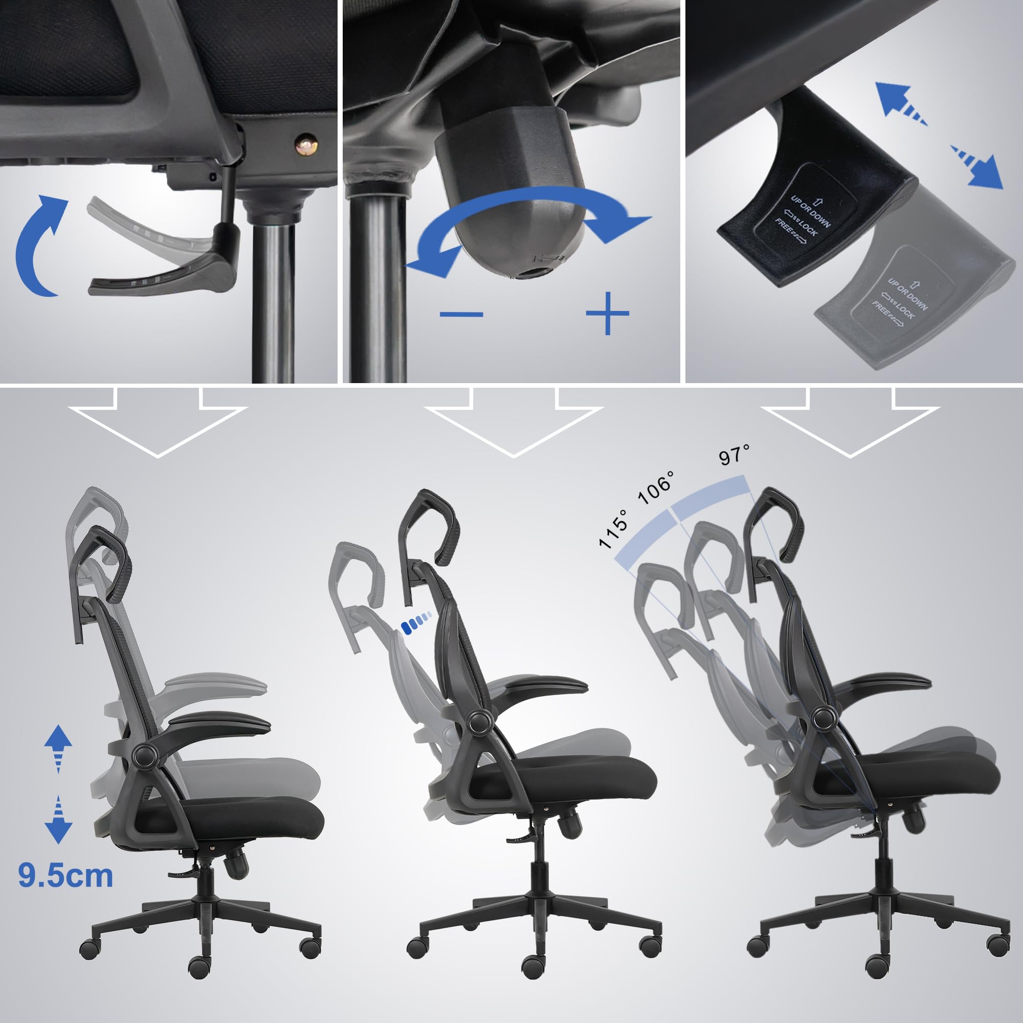 Realm of Thrones CAPTAIN Ergonomic Office Chair for Home, Heavy Duty Steel Base, Versatile Flip-up Armrests, Adjustable Lumbar Support, Mesh Back Comfort Cushion Seat for Computer Desk/Gaming (Black)