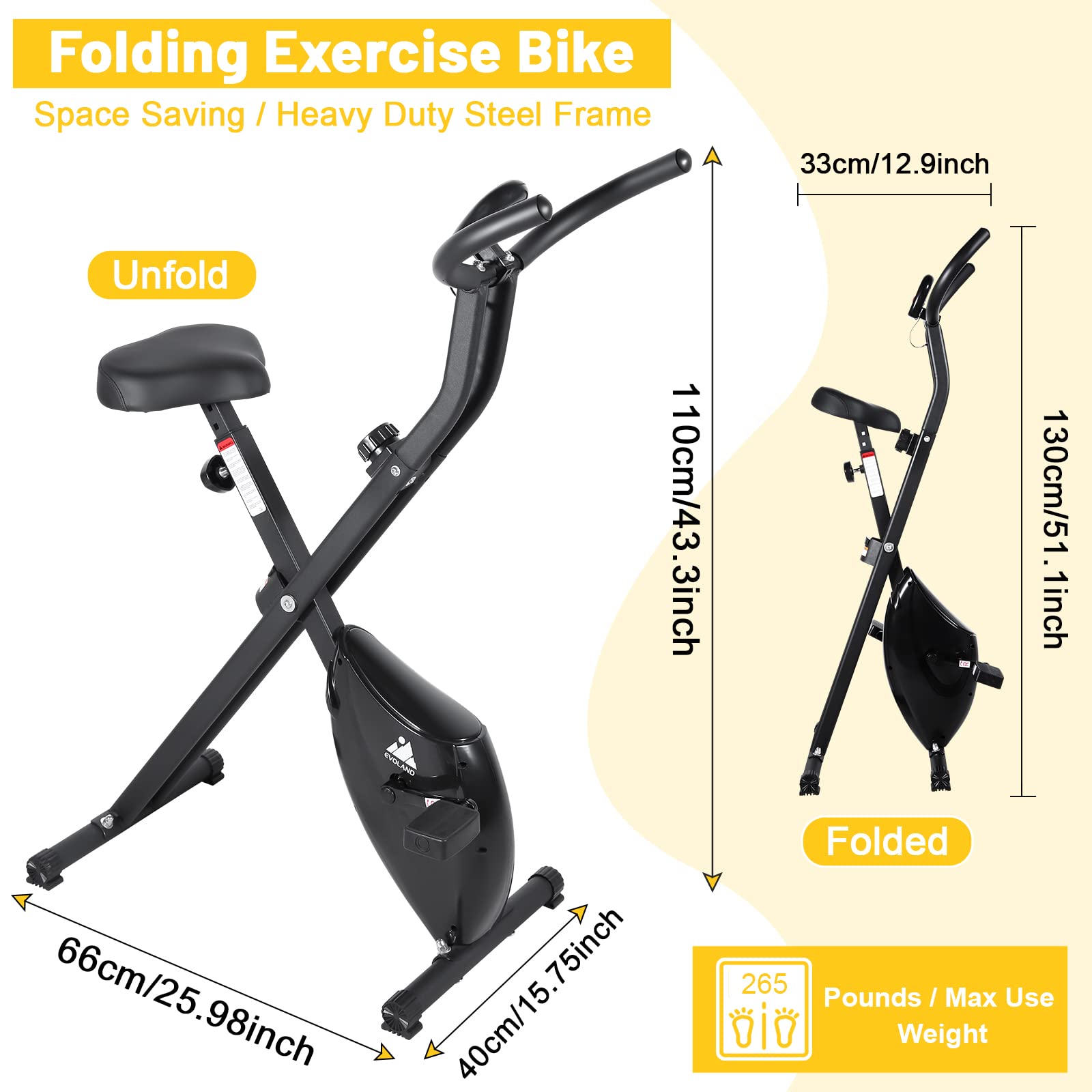 EVOLAND 265LBS Exercise Bike, Foldable Exercise Bike with LCD Display and 8-Level Adjustable Resistance, Max Load for Home Trainer Use, Maximum Weight