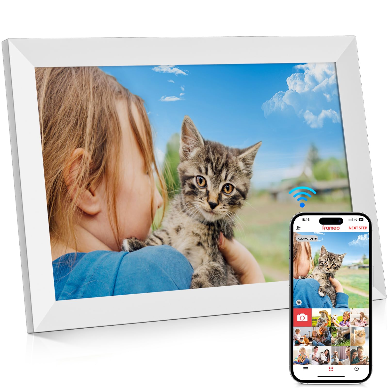 10.1 Inch WiFi Digital Photo Frame Built in 32GB Memory, 1280x800 IPS LCD Touchscreen, Auto-Rotate and Audio, Quick and Easy Share Photos or Videos via the Frameo App, the Best Choice for Gifting