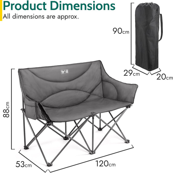 Trail Double Camping Chair for Adults, Folding Padded 2 Seater, Sturdy Heavy Duty Steel, Luxury Duoweave Fabric, Lightweight Compact, Outdoor Fishing Garden, Pocket, Carry Bag (H88cm x W120cm x D53cm)