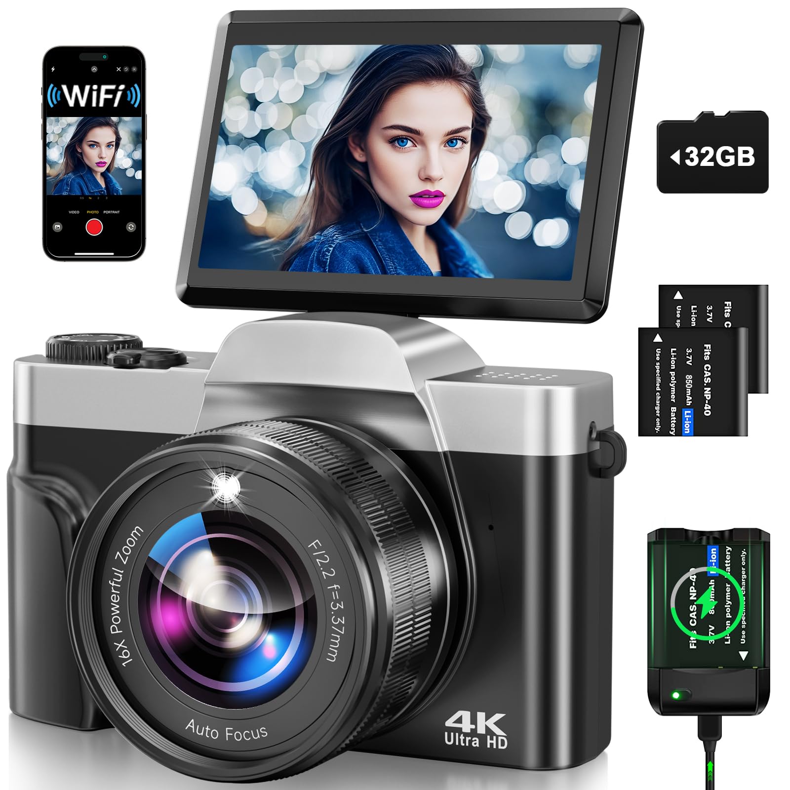 Digital Camera with WiFi, 4K 64MP Autofocus Vlogging Camera for YouTube with SD Card 3.0" 180° Flip Screen 16X Digital Zoom Anti-Shake Charging Station, 2 * Batteries for Teenagers, Beginners, Adults