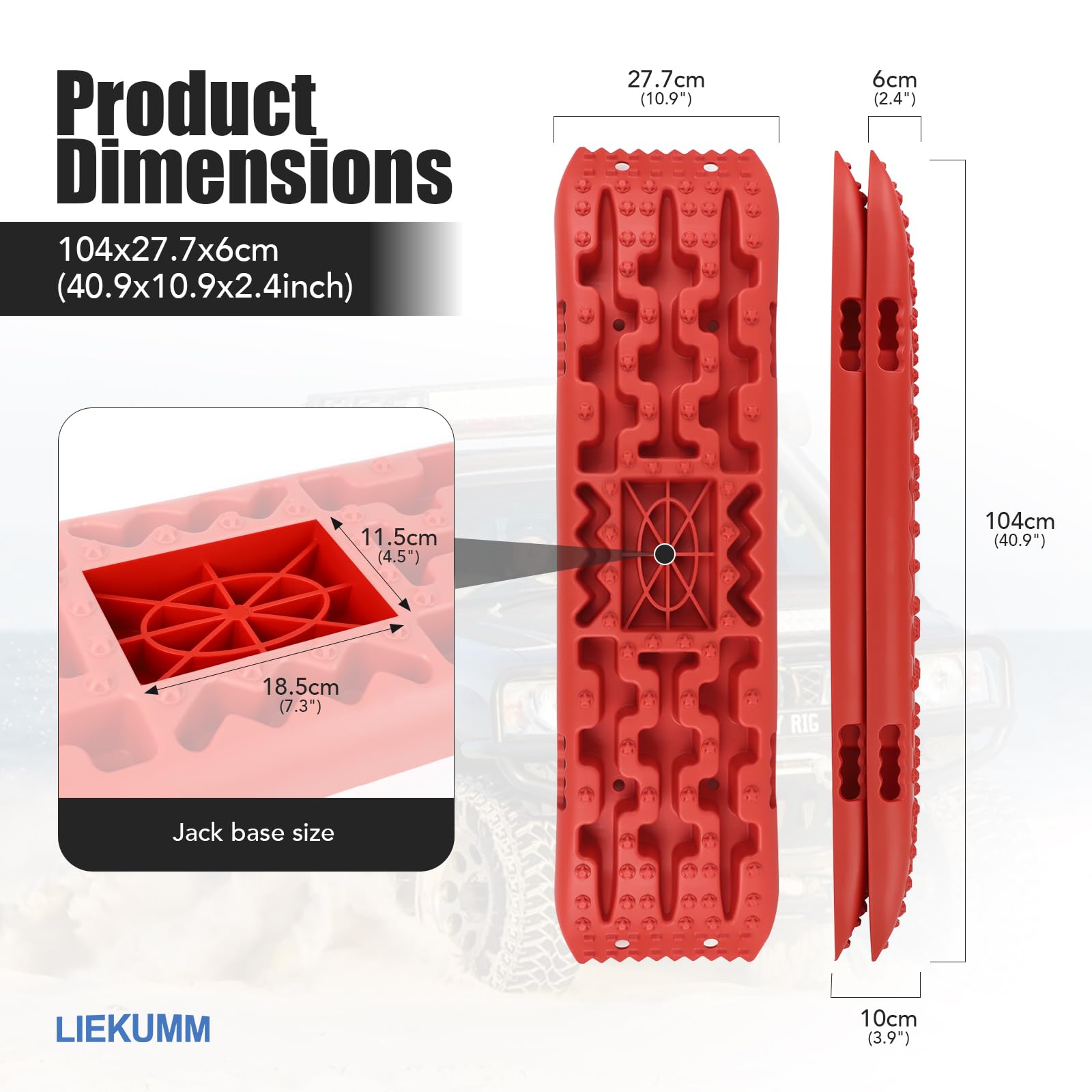 LIEKUMM 2PCS Traction Boards with Jack Lift Base, 104 cm Off-Road Traction Boards for Sand, Mud, Snow, 10 T Capacity Heavy Duty Recovery Tracks for Cars, Trucks, SUVs, Red
